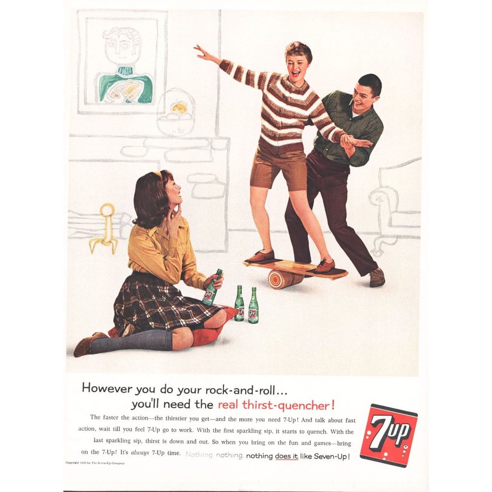 1960 7-Up Soda Pop Vintage Print ad Balance Board Exercise Rock Roll Wall Art